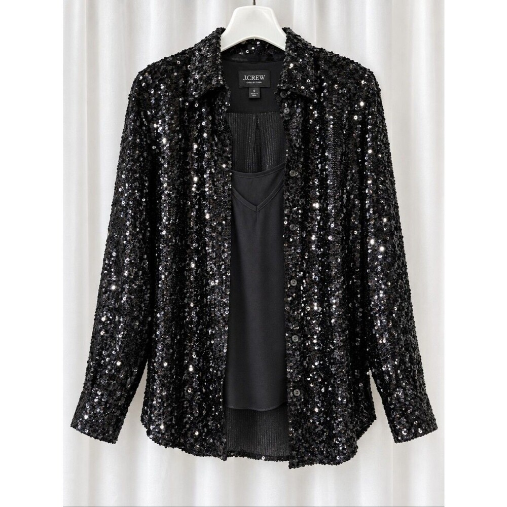 J. Crew Collection Black Sequin Long Sleeve Button Front Blouse Camisole 2 Piece